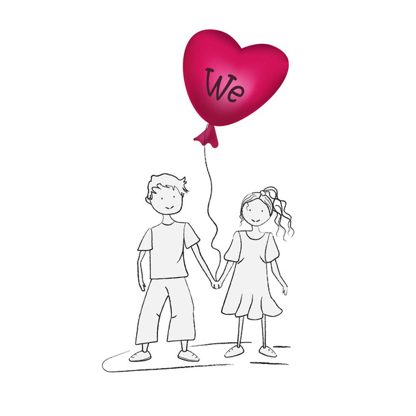 Boy and girl with a heart-shaped balloon - Vector, Image