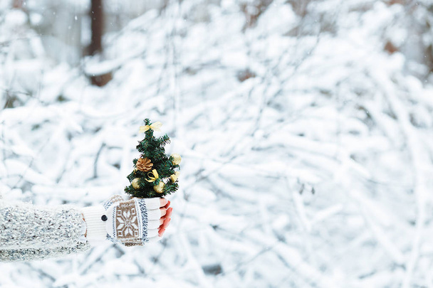 Hermosa chica feliz con un pequeño árbol de Navidad decorado en sus manos camina en un bosque cubierto de nieve, con un suéter gris, sombrero y bufanda
. - Foto, imagen