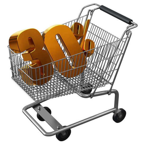 3D illustration of Shopping cart with 30 pocent discount in gold isolated - Photo, Image