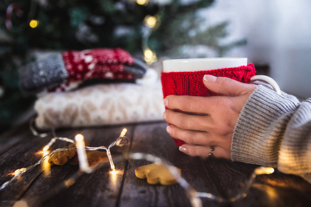 Woman hands holding Christmas coffee or tea red mug with steam, homemade gingerbread christmas cookies on a wooden table, sweeters, christmas tree and bokeh on background. Winter holiday concept - Photo, image