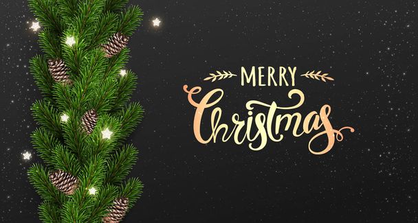 Merry Christmas Typographical on black background with garland of tree branches decorated with stars, lights, snowflakes. Xmas and New Year theme. Vector Illustration - Vector, Image