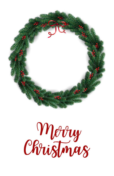 Feliz Navidad tipográfica sobre fondo blanco con corona de Navidad de ramas de árboles, bayas. Tema de Navidad. Ilustración vectorial
 - Vector, imagen