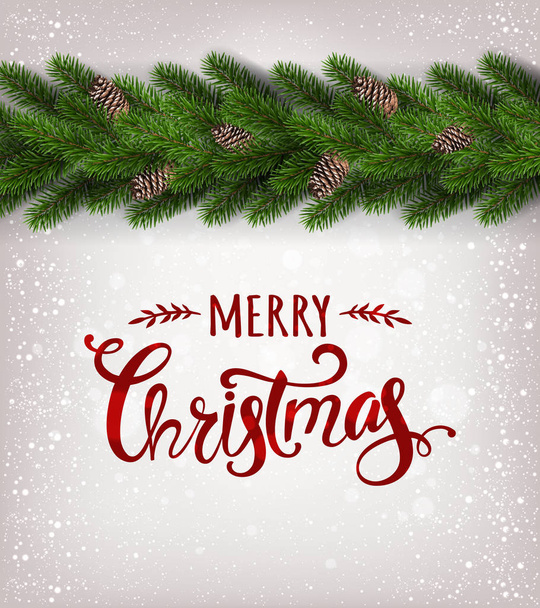 Merry Christmas text on white shiny background with garland of Christmas tree branches,  snowflakes, stars. Xmas and New Year card. Vector Illustration - Vector, Image