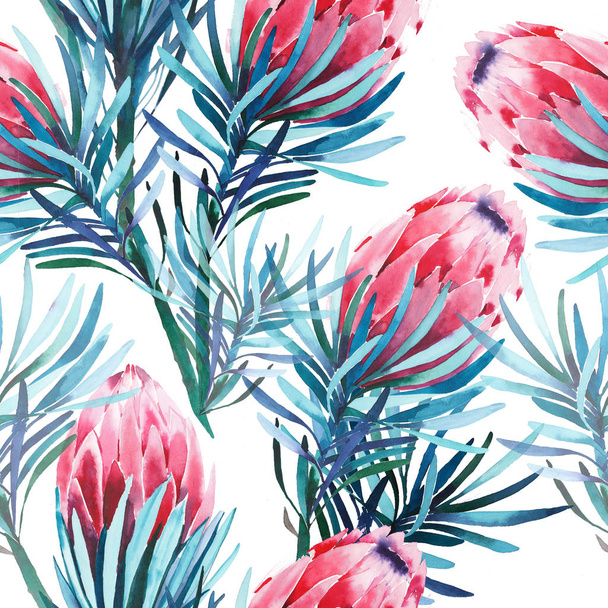 Ярко-зеленые травяные тропические прекрасные цветочные летний узор розовый цветок Protea акварелью руку иллюстрации. Перфект для текстиля, обоев, приглашений, оберточной бумаги, чехла для телефона
 - Фото, изображение