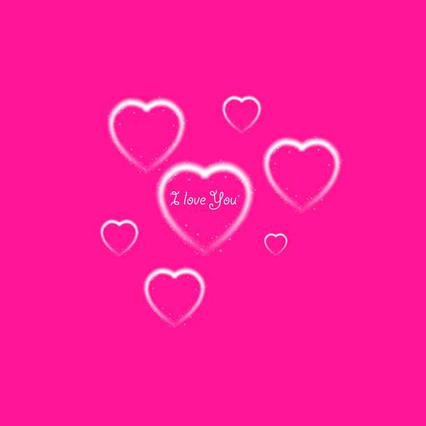 Happy Valentines Day greeting card. I Love You. 14 February. Holiday background with hearts and I Love You phrase., light, stars on plastic pink backgraund. Vector Illustration - Vecteur, image