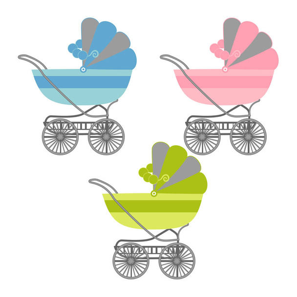 Vektorbild von blauen, rosa und grünen Kinderwagen auf weißem Hintergrund (Hintergrund kann entfernt werden). Die Waggons können einzeln verwendet und durch Details zerlegt werden. es wird für Werbung, Druck verwendet - Vektor, Bild