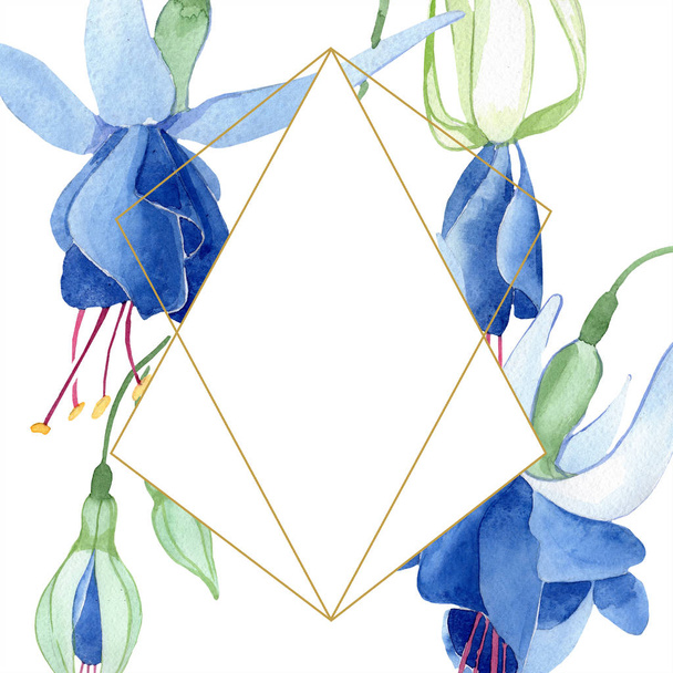 Μπλε φούξια. Floral βοτανικό λουλούδι. Ακουαρέλα σχεδίασης μόδας aquarelle απομονωμένη. Πλαίσιο συνόρων στολίδι τετράγωνο. - Φωτογραφία, εικόνα