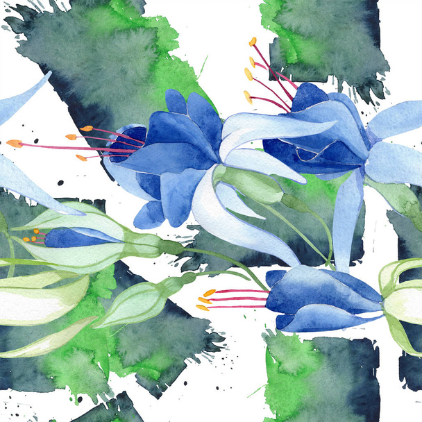 青いフクシア。花植物の花。水彩描画のファッション aquarelle 分離します。シームレスな背景パターン. - 写真・画像