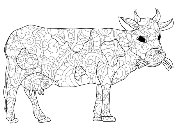 Volwassen antistress kleurplaten dieren koe patroon, Astrachan. Illustratie van de zwarte lijnen doodle, witte achtergrond - Foto, afbeelding