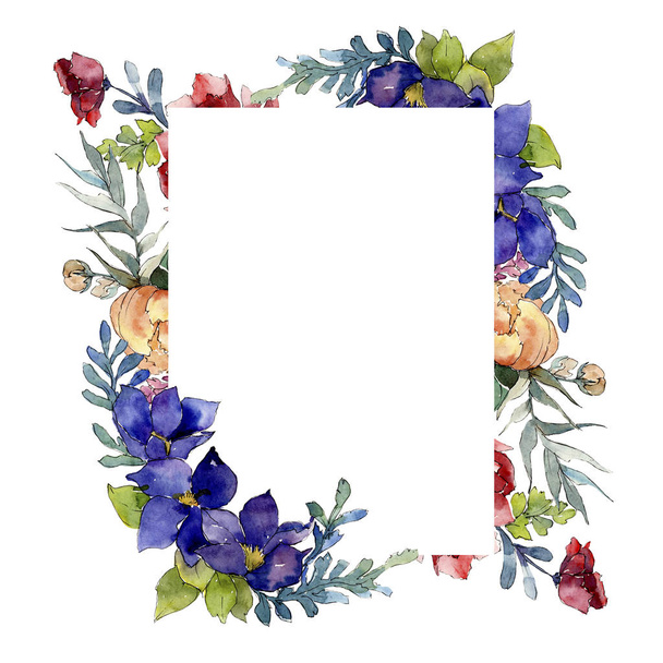 Red, orange and blue bouquet botanical flower. Watercolor background illustration set. Frame border ornament square. - 写真・画像