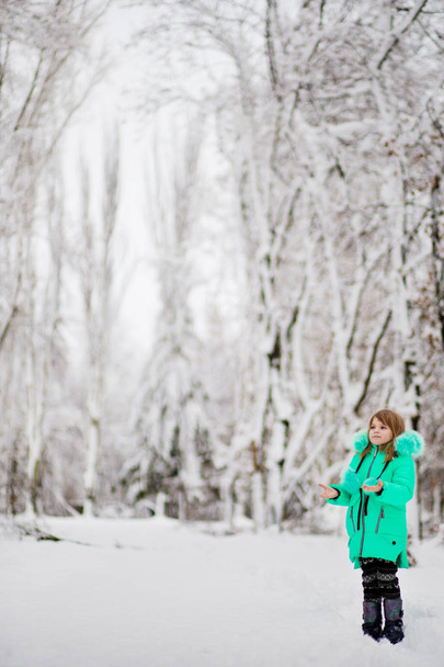 Funny little girl having fun in beautiful winter park during snowfall - Zdjęcie, obraz