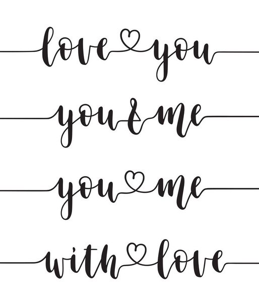 Love you, You and me, With love calligraphy written in one line. Valentines day, greeting cards, gift tags design elements - Wektor, obraz