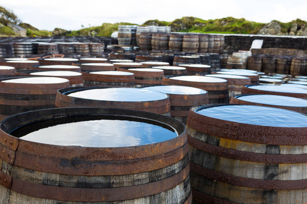 Stare drewniane beczki i beczkach stoją pod gołym niebem dojrzewania whisky słodowej whisky w destylarni whisky w Szkocji. - Zdjęcie, obraz