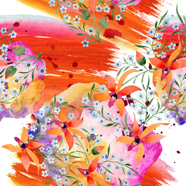 Blue and orange flowers. Watercolour drawing of background with orchids and forget me nots. - Foto, immagini