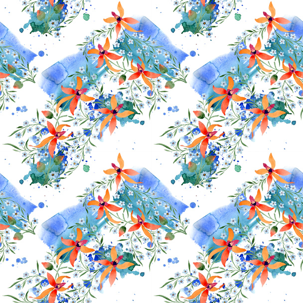 Blue and orange flowers. Watercolour drawing of background with orchids and forget me nots. - Φωτογραφία, εικόνα
