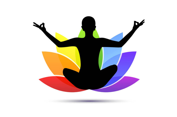 young person sitting in yoga meditation lotus position silhouette with lily in rainbow colors - Vector, Image