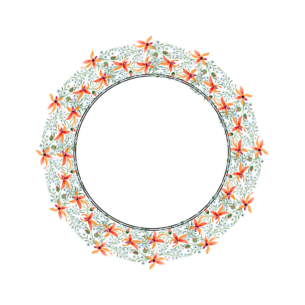 circle frame of blue and orange flowers. Watercolour drawing of background with orchids and forget me nots. - Photo, image