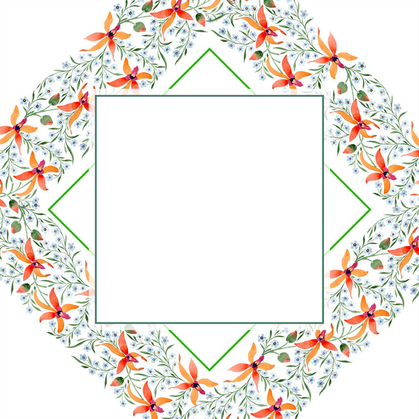 geometrische frame met blauwe en oranje bloemen. Aquarel tekening van achtergrond met orchideeën en vergeet me nots. - Foto, afbeelding