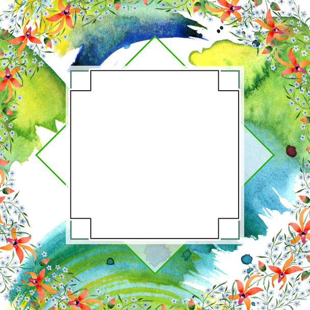 geometric frame with blue and orange flowers. Watercolour drawing of background with orchids and forget me nots. - Photo, Image