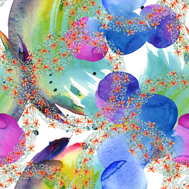 Blue and orange flowers in circles. Watercolour drawing of background with orchids and forget me nots. - Photo, Image
