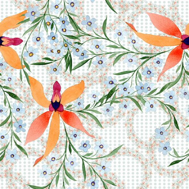 Blue and orange flowers. Watercolour drawing of background with orchids and forget me nots. - Foto, imagen