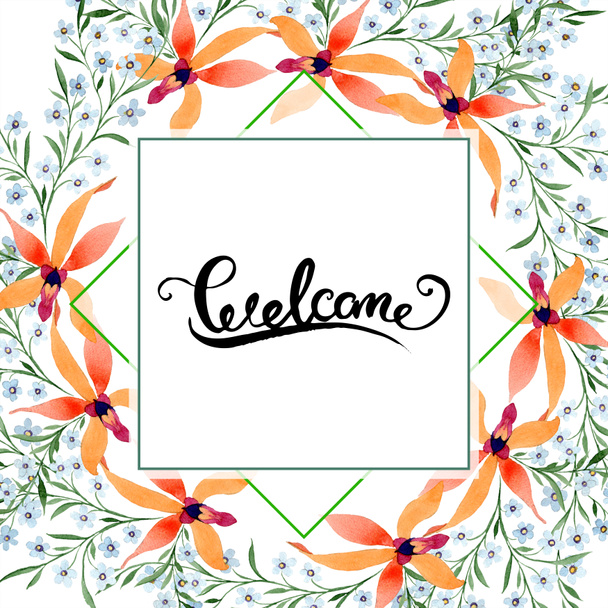 welcome card with blue and orange flowers. Watercolour drawing of background with orchids and forget me nots. - 写真・画像