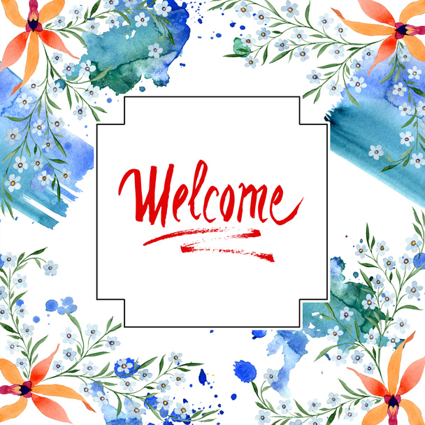 welcome card with blue and orange flowers. Watercolour drawing of background with orchids and forget me nots. - Fotoğraf, Görsel