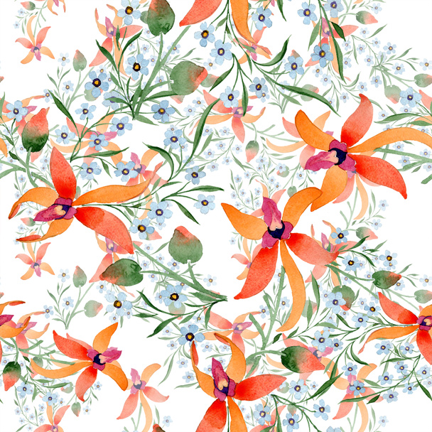 Blue and orange flowers. Watercolour drawing of background with orchids and forget me nots. - Фото, изображение