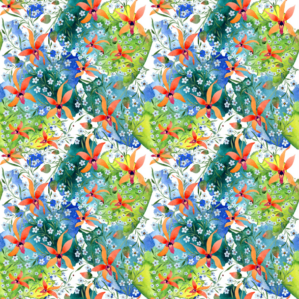 Blue and orange flowers. Watercolour drawing of background with orchids and forget me nots. - Photo, Image