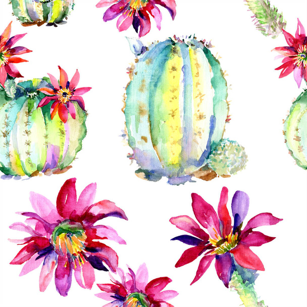 Green cacti with pink flowers. Watercolor seamless background pattern.  - Fotoğraf, Görsel