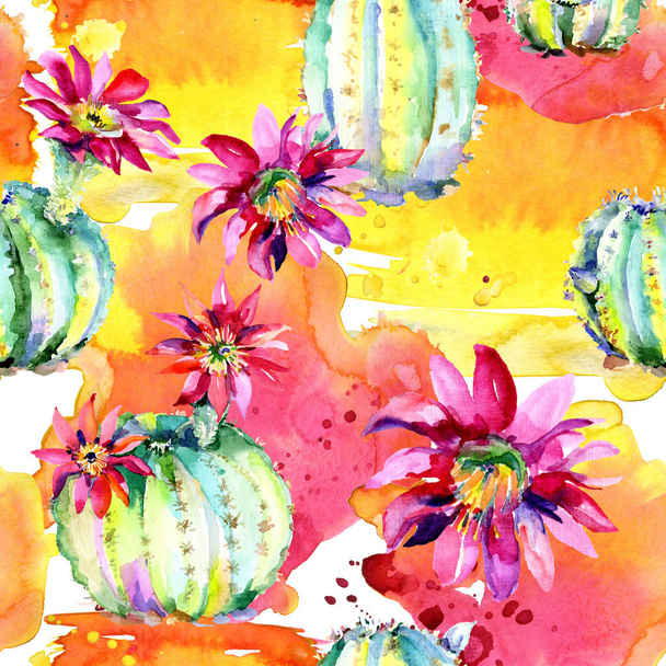 Green cacti with pink flowers. Watercolor seamless background pattern.  - Zdjęcie, obraz