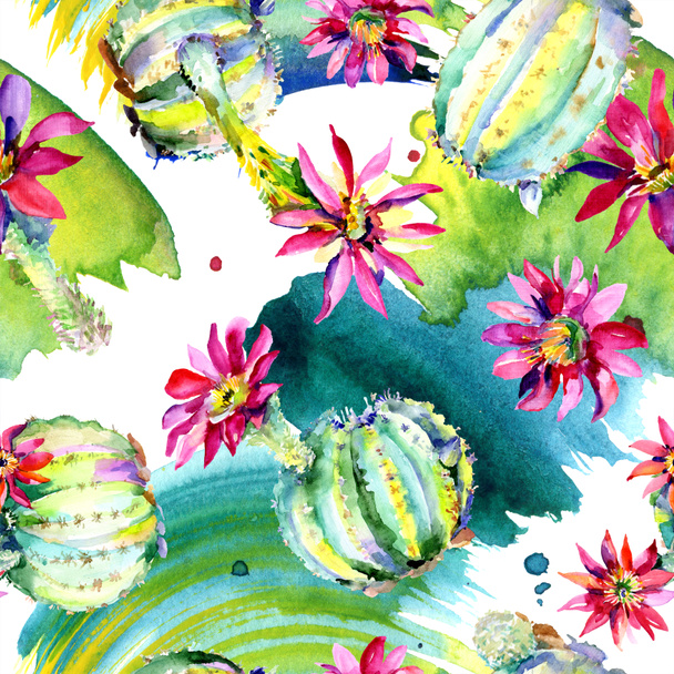 Green cacti with pink flowers. Watercolor seamless background pattern.  - Photo, image