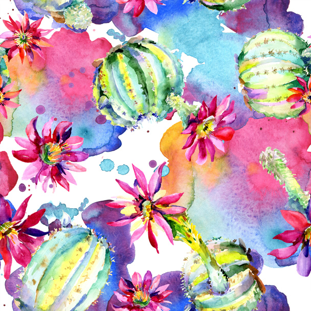 Green cacti with pink flowers. Watercolor seamless background pattern.  - Fotografie, Obrázek