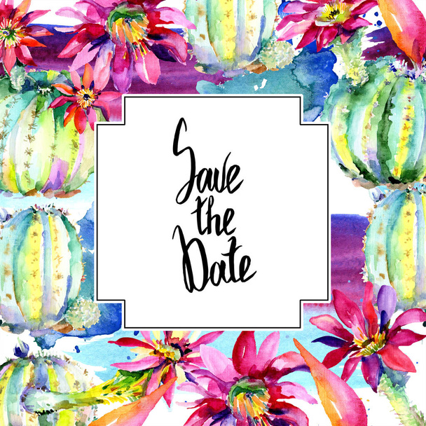 Cacti flowers. Watercolor background illustration set with save the date  lettering. - Фото, зображення
