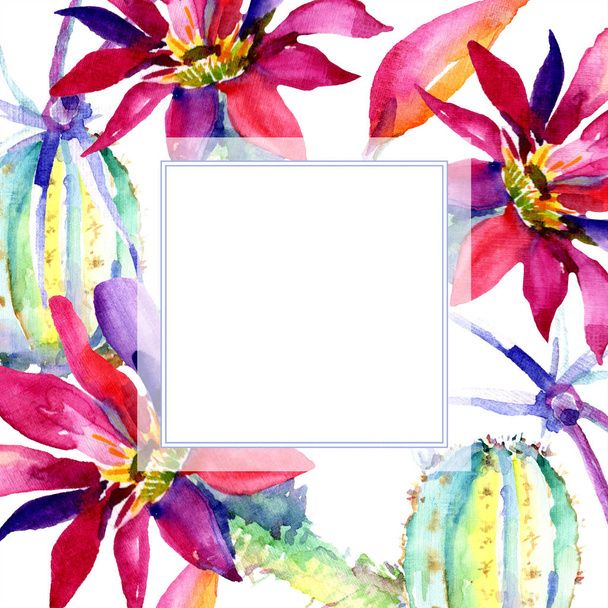 Green cacti with flowers watercolor illustration set with frame border and copy space.  - 写真・画像