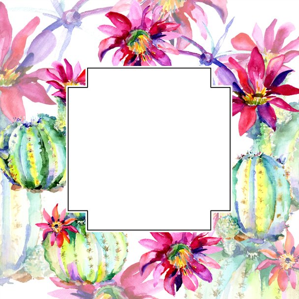 Green cacti with flowers watercolor illustration set with frame border and copy space.  - Foto, Imagen