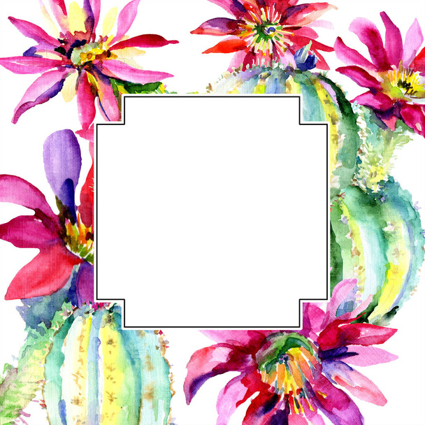 Green cacti with flowers watercolor illustration set with frame border and copy space.  - Zdjęcie, obraz