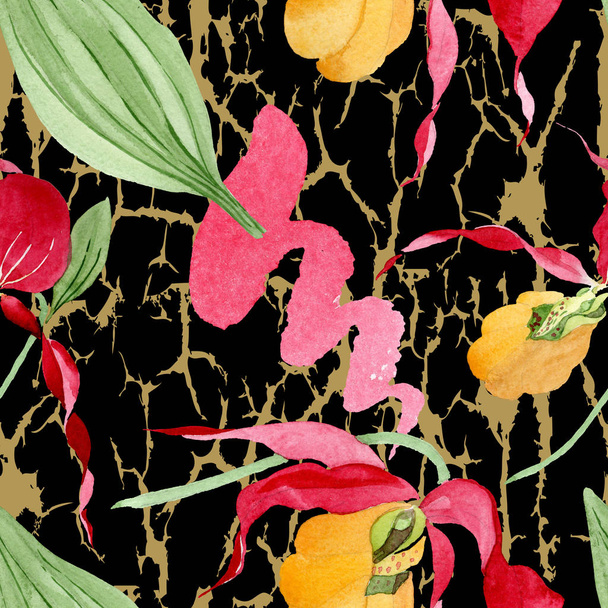 lady slipper orchids with brushstrokes watercolor illustration on black background, seamless background pattern - Valokuva, kuva