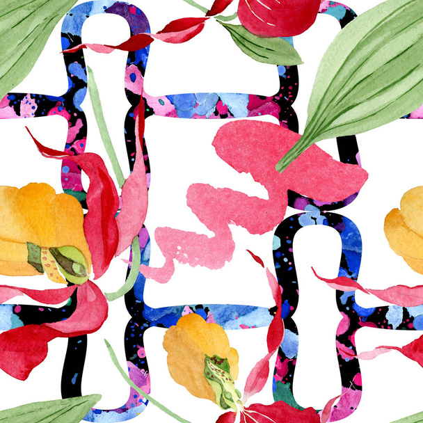 señora zapatilla orquídeas con pinceladas acuarela ilustración sobre fondo blanco, patrón de fondo sin costuras
 - Foto, imagen