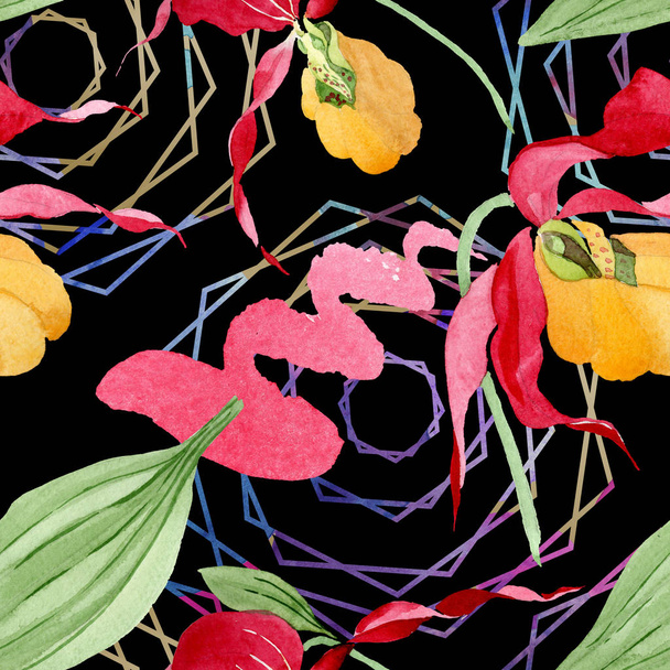 lady slipper orchids with brushstrokes watercolor illustration on black background, seamless background pattern - 写真・画像