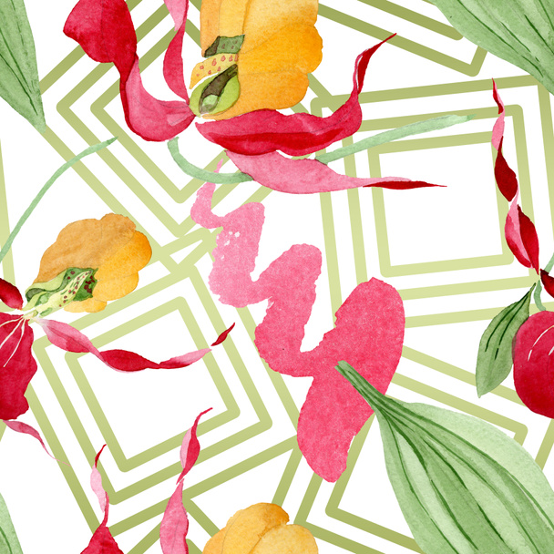 lady slipper orchids with brushstrokes watercolor illustration on white background, seamless background pattern - Foto, Imagem