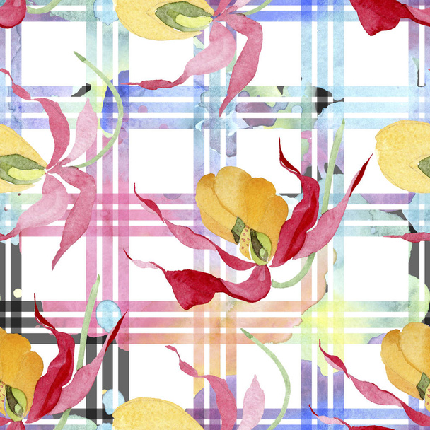 Lady slipper orchideeën met penseelstreken aquarel illustratie op wit geruite achtergrond, naadloze achtergrondpatroon - Foto, afbeelding