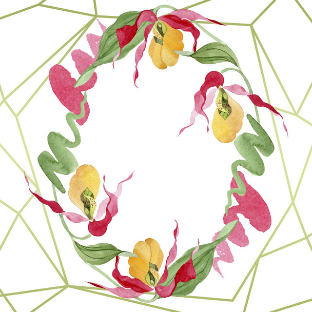 señora zapatilla orquídeas acuarela marco ilustración aislado en blanco con espacio de copia
 - Foto, Imagen
