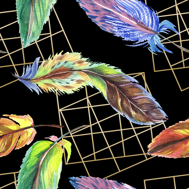 Colorful feathers with lines on black background. Seamless background pattern. Fabric wallpaper print texture. - 写真・画像