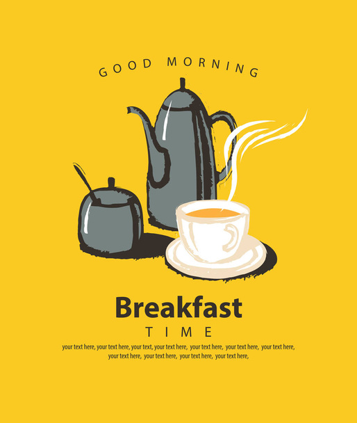 Vector banner on the theme of Breakfast time with cup of hot tea, kettle and sugar bowl, with place for text in retro style on the yellow background - Вектор, зображення