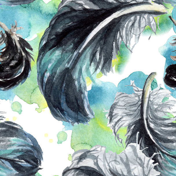 Black feathers watercolor drawing. Seamless background pattern. Fabric wallpaper print texture.  - 写真・画像