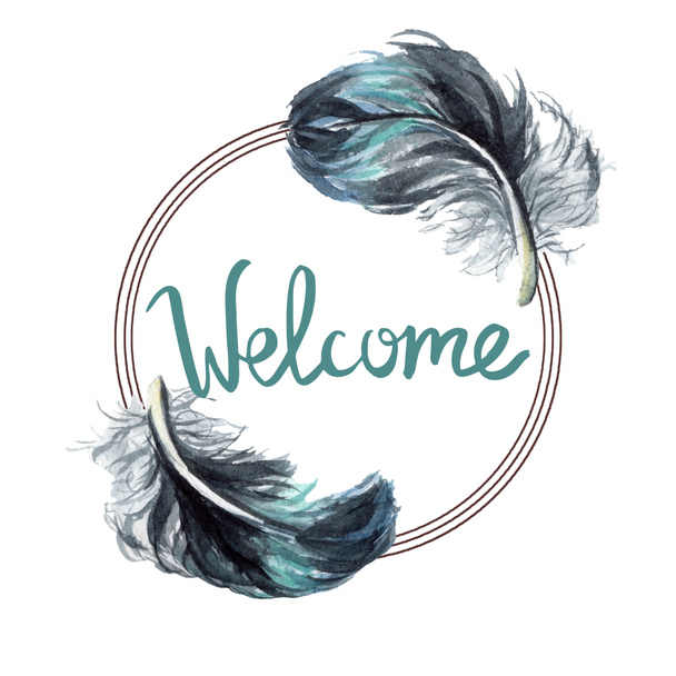 Black feathers isolated watercolor illustration. Frame border with welcome lettering. - Photo, Image