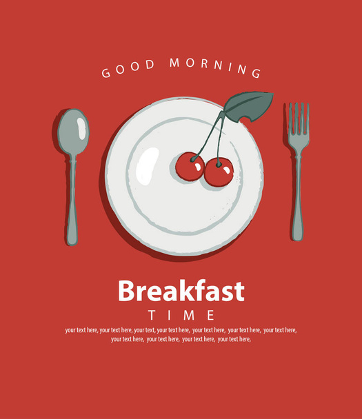 Vector banner on the theme of Breakfast time with plate, fork and spoon on the background of red tablecloth with place for text in retro style - Вектор,изображение