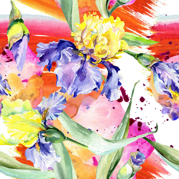 Purple yellow irises background. Hand drawn botanical flowers. Watercolor background illustration set. Watercolour drawing fashion aquarelle. - Foto, imagen
