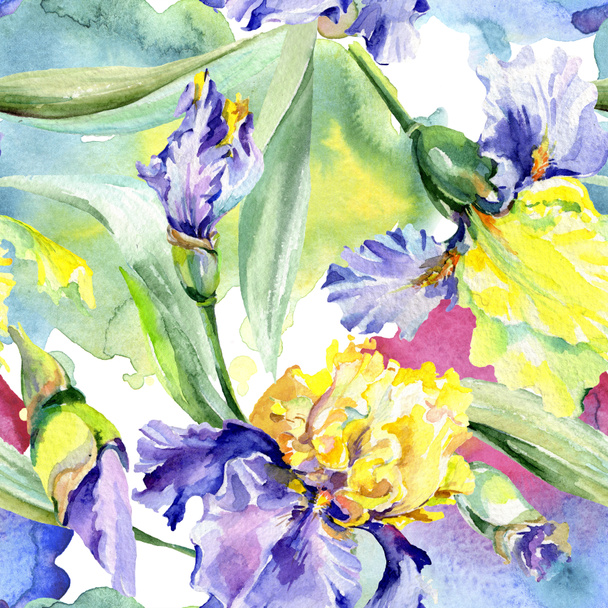 Purple yellow irises background. Hand drawn botanical flowers. Watercolor background illustration set. Watercolour drawing fashion aquarelle. - Foto, Bild